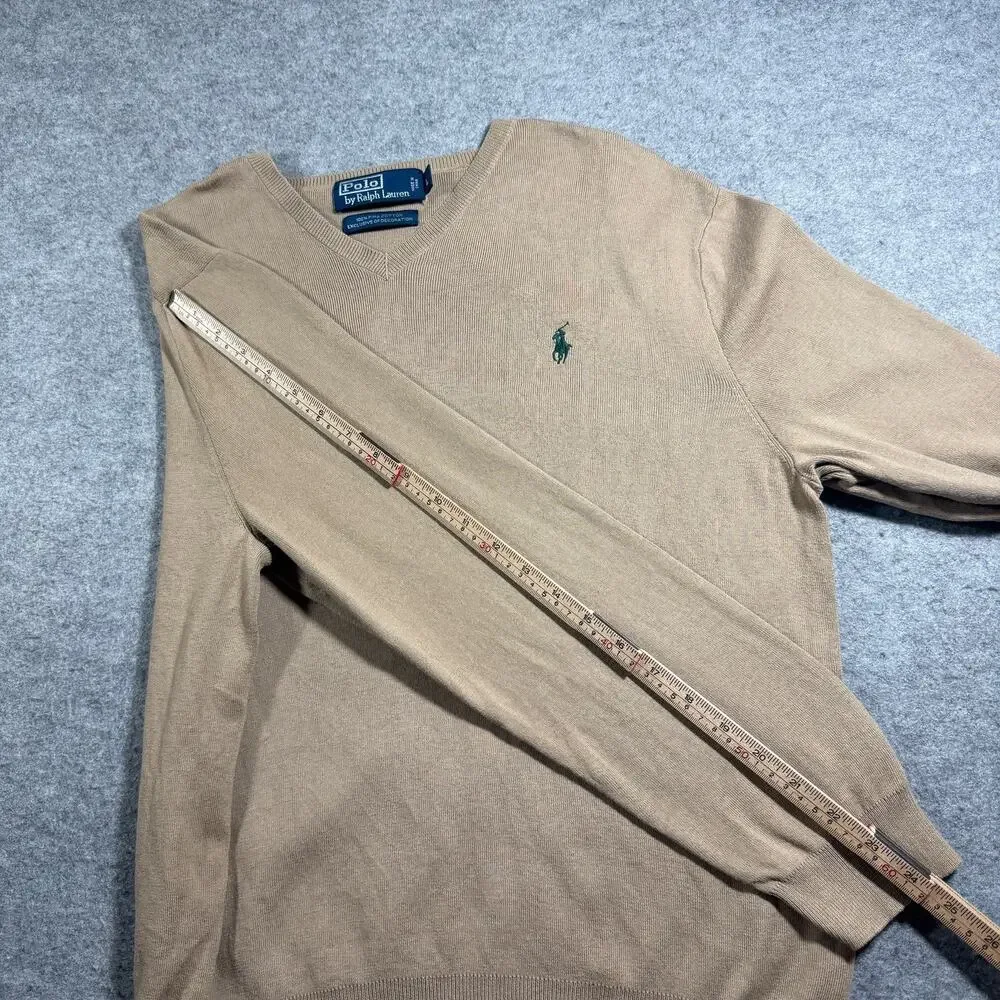 Vintage 90s Polo Ralph Lauren Pima Cotton Sweater Mens L Tan V-Neck Preppy Knit